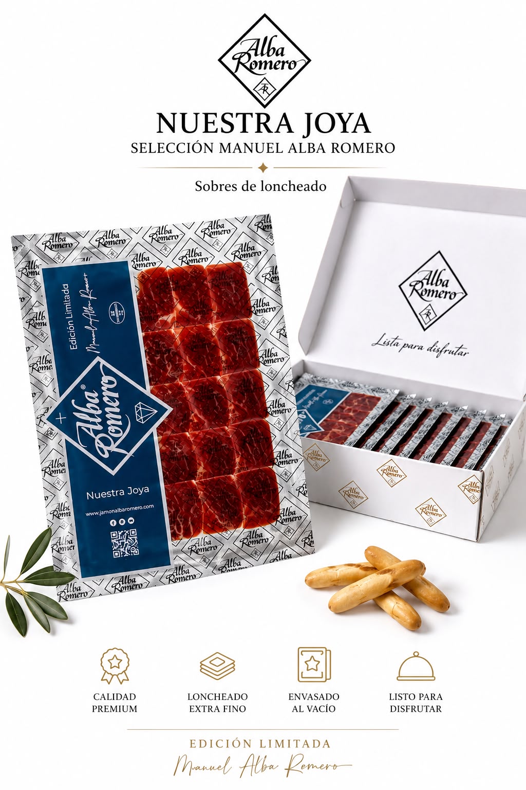Pack Jamón Loncheado "Nuestra Joya" – Selección Manuel Alba Romero - 80gr. 2 Sobres de jamón loncheado Nuestra Joya listos para servir